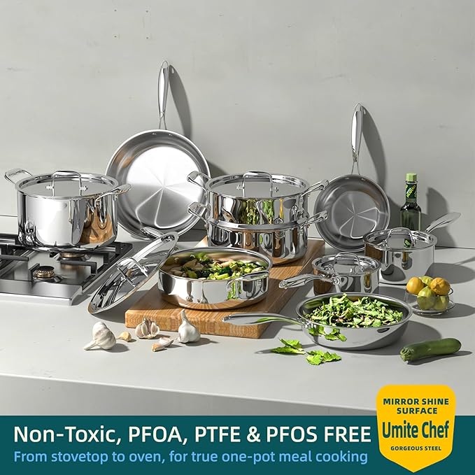 Umite Chef Stainless Steel Cookware Set 5 Ply 14 Piece Stainless Steel Pot and Pan Set-Induction Heavy Chef Quality Oven Safe | Professional Kitchen Cooking Appliances PFOA PTFE &amp PFOS Free