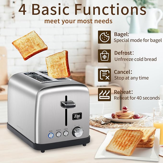 SEEDEEM Toaster 2 Slice LCD Display 7 Shade Settings 1.4'' Wide Slots Stainless Steel Digital Toaster for Bagel Defrost Reheat Removable Crumb Tray 900W Silver Metallic