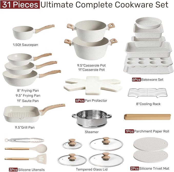 Kikcoin Pots and Pans Set Non Stick 31 Piece Kitchen Nonstick Cooking Cookware Sets with Grill Pan Saucepan Baking Sheet Utensil Cream White
