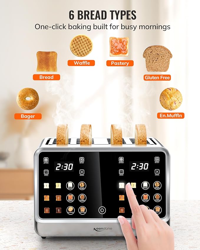 Keenstone Toaster 4 Slice Digital Smart Toaster with TouchScreen Dual Control Panel Single Slot Toasting Timer Reheat &amp Defrost for Bagels Bread Waffles Stainless Steel Kitchen Essentials