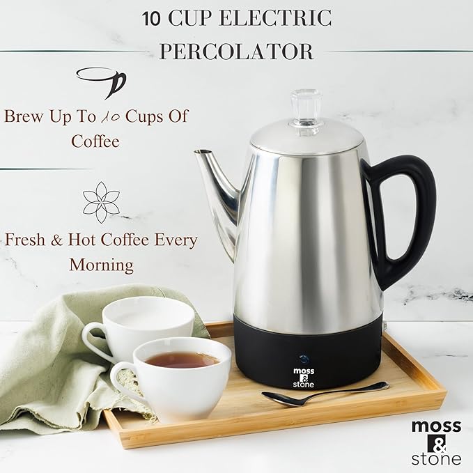 Moss &amp Stone Percolator Coffee Pot Electric 10 Cup Stainless Steel Coffee Maker. With Keep Warm Function 10 Cups Stainless Steel Percolator With Coffee Basket