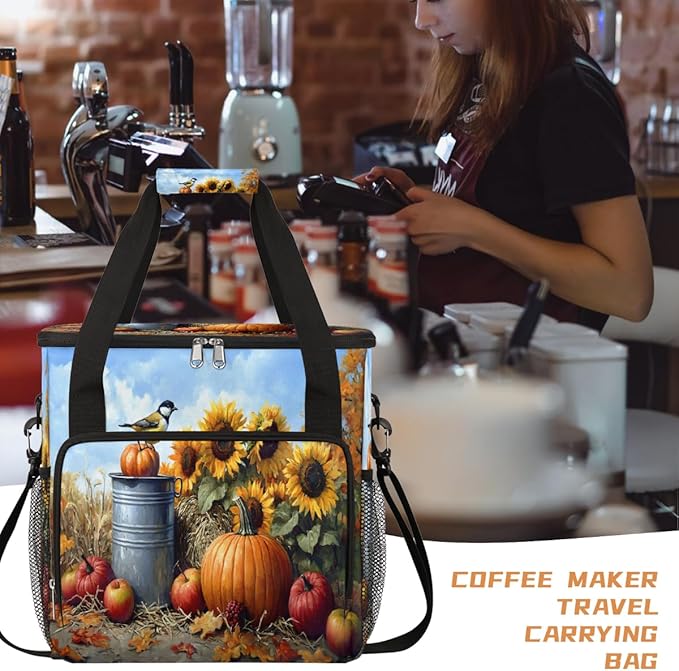 Sunflower Pumpkin Bird Apple Coffee Maker Carring Bag Travel Carrying Storage Tote Bag Compatible with Keurig K-Mini or K-Mini Plus Portable Single Serve Coffee Brewer Case with Pockets