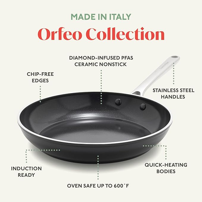 Orfeo 11” Nonstick Frying Pan Made in Italy Diamond Ceramic PFAS-Free Cookware Induction Ready Scratch Resistant Laser-Fused Surface for Durability Dishwasher Safe Black