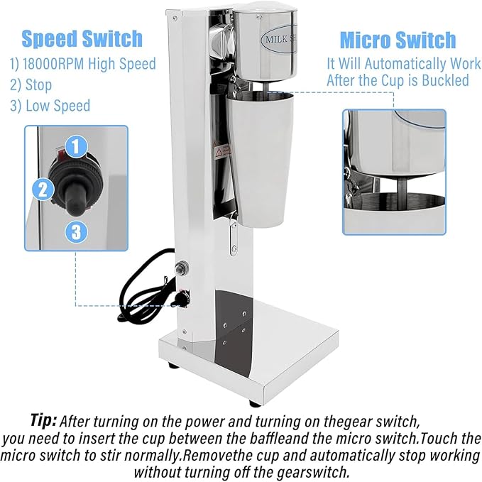 TsoLay Single Head Milkshake Maker 180W Electric Single-Head Milk Shake Machine with 650ml Cup 18000RMP Speed Adjustable Stainless Steel for Protein Shakes and Mixing Drink