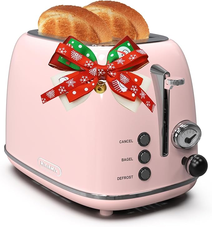 Toaster 2 sliceRetro Stainless Steel Toaster with 6 Settings 1.5 In Extra Wide Slots Bagel/Defrost/Cancel Function Removable Crumb Tray (Baby pink)