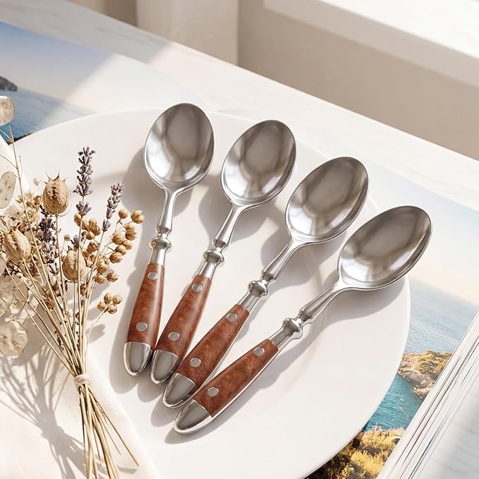 Teaspoons 8-Pack Stainless Steel 6.7 Inches Teaspoons with Wood Grain Bakelite Handle For Coffee Dessert Ice Cream Dishwasher Safe
