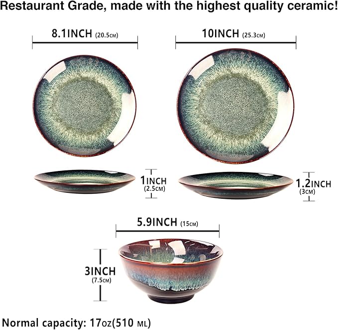 Dinner Set 12 Pieces - Round Reactive Glaze Tableware - Kitchen Dinnerware Porcelain Crockery with Dinner Plate Bowl and Soup Plate Service for 4 Microwave Dishwasher Safe Set (No.2)