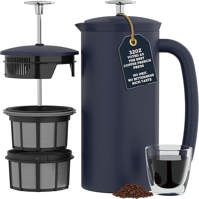 ESPRO P7 French Press Stainless Steel 304 – Patented Double Walled Micro-Filter Insulated French Press Coffee Maker Grit-Free Brew - Heat Resistant BPA Free - Aegean Blue (32oz)