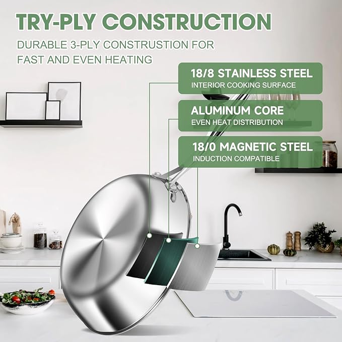 3 Ply Stainless Steel 11-Piece Cookware Set with Lids Pots and Pans Kitchen Set Non-Toxic Induction Oven Dishwasher Safe Professional Chef Quality