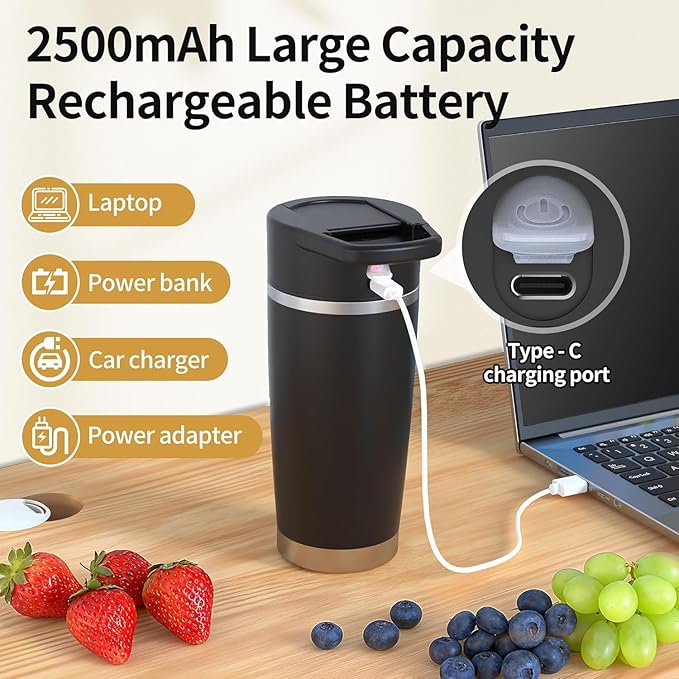Portable Personal Blender 20oz Vacuum Cup Cordless Blende for 120 Watt Rechargeable Personal Size blender With Stainless Steel Bottle Ideal For-Shakes and Smoothies BPA Free (Black）