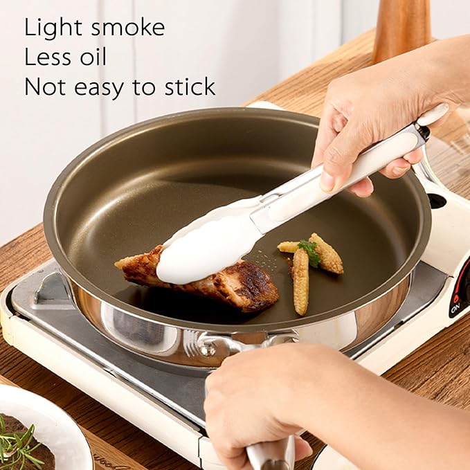 10''11''Titanium-Infused 304 Stainless Steel Frying Pan with Glass Lid – Low-Smoke Non-Stick Skillet Wear-Resistant &amp All Cooktop Compatible (10 inch)