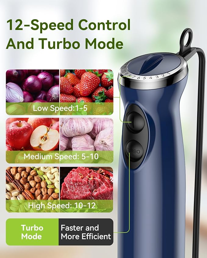 Immersion Blender Handheld 5 in 1 Hand Blender 1000W Hand Mixer Stick BPA-Free 12 Speed Handheld Blender 304 Stainless Beaker Chopper Whisk and Milk Frother Soup Smoothies Baby Food Sauce
