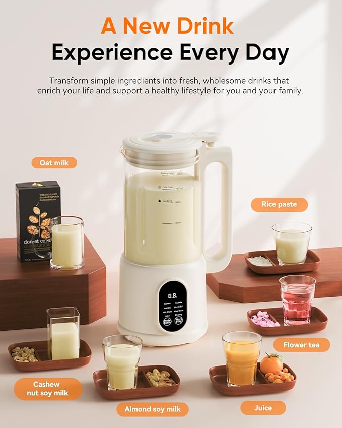 8-in-1 Automatic Nut Milk Maker Machine 34oz Heated Plant-Based Milk Machine with Auto-Clean 10-Blade System for Creamy Almond Oat Soy &amp Dairy-Free Milk 12H Timer