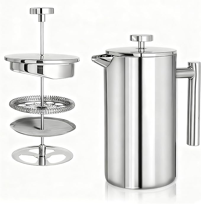 French Press Coffee Maker 34 Oz Dual-wall insulation easy clean durable Stainless Steel French Press Coffee Maker Food grade safe and reliable suitable for home and camping silver.