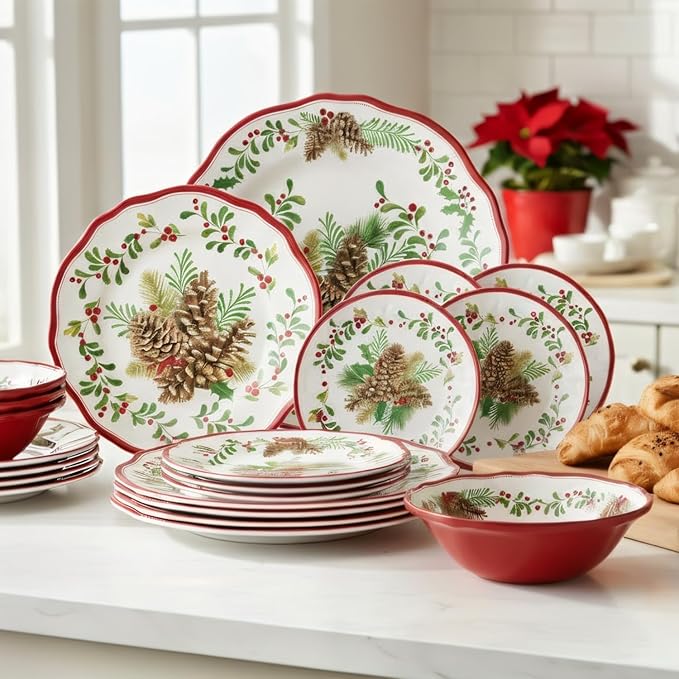 UPware 16 Piece Pinecones Melamine Dinnerware Sets Outdoor Dishes Set Plates and Bowls Sets Christmas Decorations Service for 4 Red