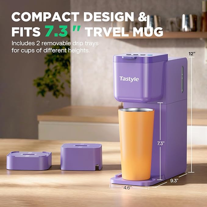 Single Serve Coffee Maker Hot and Iced with Bold Brew Small Coffee Machine for K Cup and Ground Fits 7.3'' Travel Mug Brews up to 16 Oz 5 Cup Sizes Compact for Office RV&amp Hotel Lavender