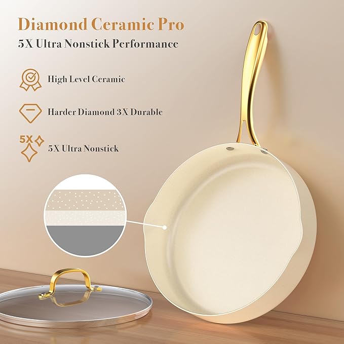 PekGema Ceramic Cookware Set 15-Pieces Pots and Pans Set Non Stick Oven Safe Non Toxic Kitchen Cookware Set PFOA PTFE FREE Gold White