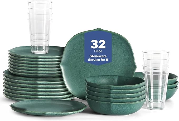 Stone Lain Baskerville 32-Piece Dinnerware Set Stoneware Borosilicate Glass Green