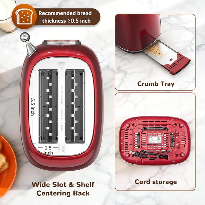 Mecity Toaster 2 Slice Touch Screen Wide Slot Retro Toaster For Breads Bagel Muffin Waffle House Warming Gift New Home 120V 825W Red Pearl
