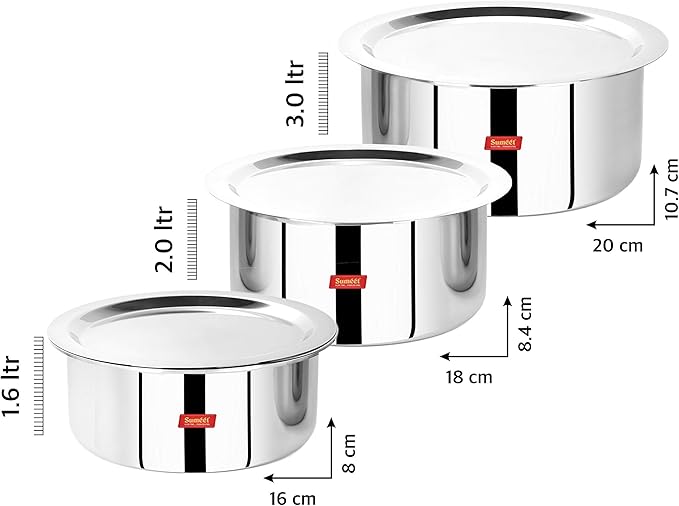 Sumeet Cook Smart TriPly SAS (Steel-Aluminium-Steel - 3 Layers) Tope Set of 3Pcs with Lid - No. 16 (1.6Ltr 16Cm) No.18 (2Ltr 18Cm) No. 20(3Ltr 20Cm)