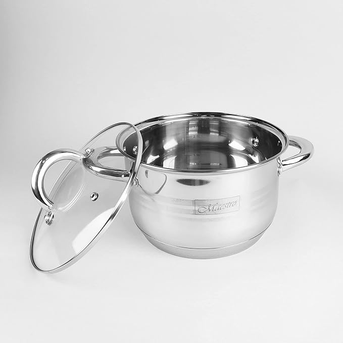 Maestro MR-3513-8 Stainless Steel Cookware Set 8 Pieces Induction 4 Saucepans 4 Glass Lids Suitable for All Kinds of Kitchens Dishwasher Safe