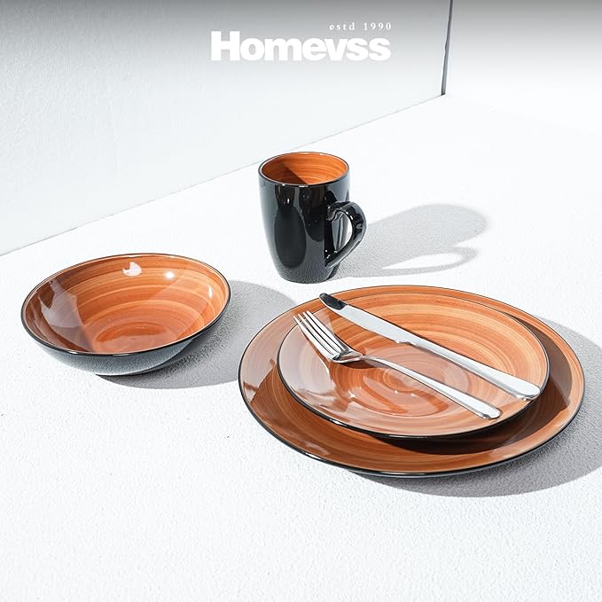Sonoma Stoneware 16pc Dinnerware Set Outside Black + Inside Hand Painting Color Spice