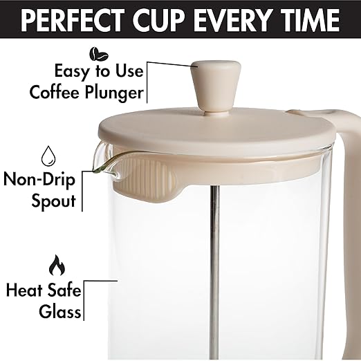 Primula French Press Coffee Maker Heat Resistant Borosilicate Glass with Stainless Steel Filters 8 Cup 34 oz Cream