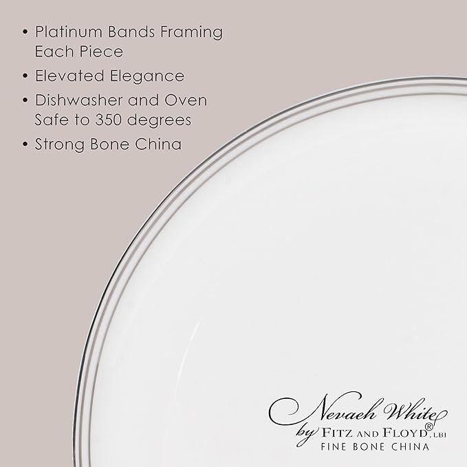 Everyday White by Fitz and Floyd Nevaeh Bone China Coupe Platinum Bands Dinnerware Set Service for 4