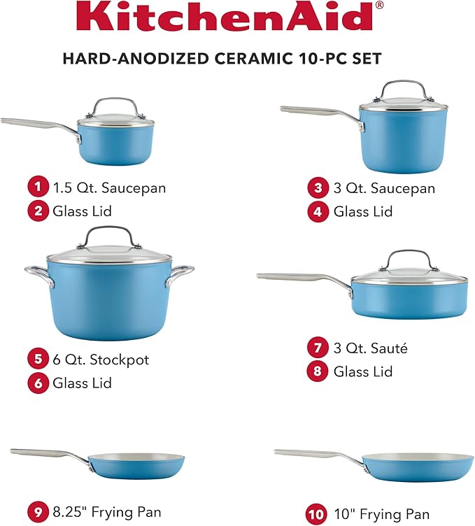 KitchenAid Hard Anodized Ceramic Nonstick Cookware/Pots and Pans Set 10 Piece - Blue Velvet