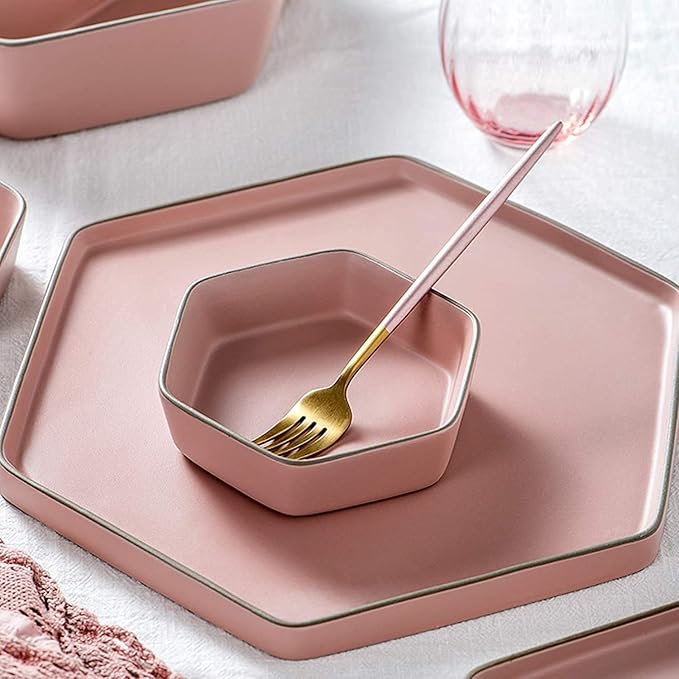 Porcelain Dinnerware Sets Plates and Bowls Sets Ceramics Dinner Sets 22 Pieces Pink Porcelain Dinnerware Set | Nordic Style Cereal Bowl and Steak Plate for Wedding Gift