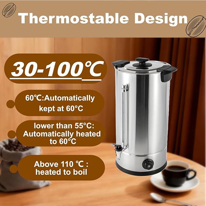 16L Coffee Maker Stainless Steel 100-Cup Large Commercial Coffee Machine Quick Brew 30-100℃ Double Wall Cafe Percolator Hot Water Urn for Catering Offices Church