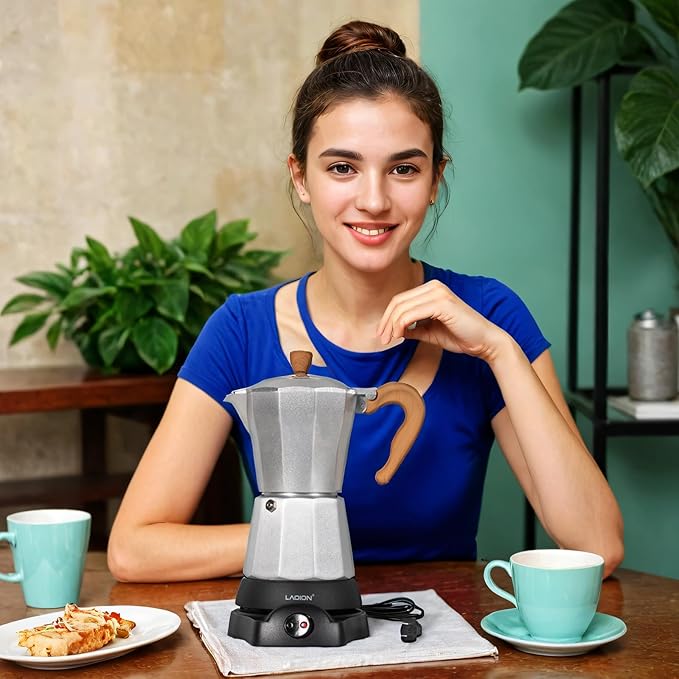 Cafeteras Electricas Modernas6 Cup Portable Espresso Maker300ml Moka Pot with Detachable Base &amp Overheat Protection Great for HomeOffice or Travel a Thoughtful Gift for Coffee Lovers