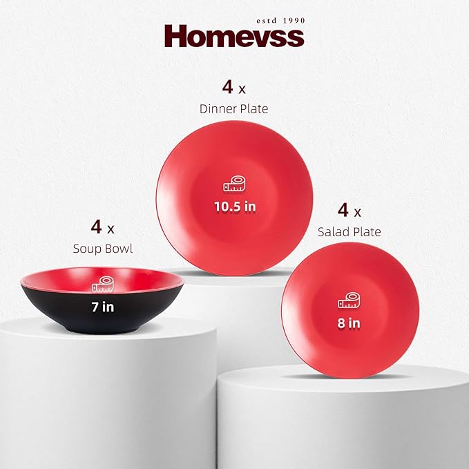 HomeVss Stoneware Two-Tone Colors Life 12pc Dinner SetOutside Shiny Black + Inside Matte Glaze Red