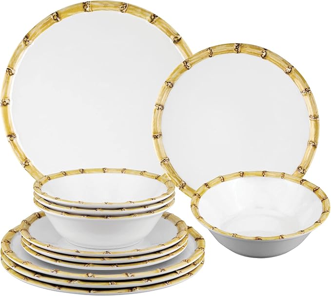 Supreme Housewares 12-Piece Melamine Dinnerware Set Includes Dinner Plates Salad Plates Bowls Service for 4. (Bamboo)