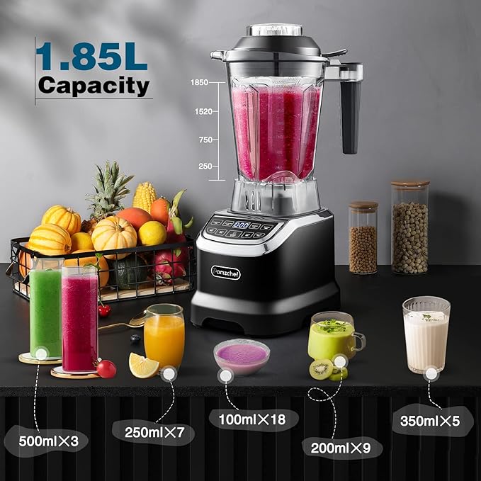 AMZCHEF Professional Blenders for Kitchen 1800 W Smoothie Blender with 2 Blend Way 4 Functions and 3 Speeds 63 oz Blender for Smoothies Frozen Drinks Ice Cream Soup 20 oz blend bottle Black