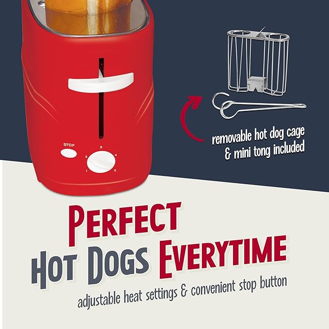 Nostalgia Retro Pop-Up Hot Dog Toaster 2 Link and 2 Bun Capacity With Mini Tongs Works With Chicken Turkey Veggie Sausages and Brats