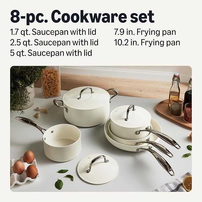 Amazon Basics Ceramic Nonstick Cookware 8-Piece Set of Pots and Pans Dishwasher and Oven-Safe All Cooktop Induction Friendly Ivory