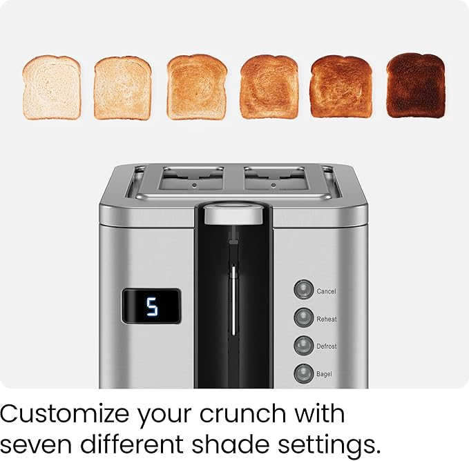 Chefman 2-Slice Digital Toaster Pop-Up Stainless Steel Extra-Wide Slots For Bagels Defrost Reheat Cancel Functions Removable Crumb Tray