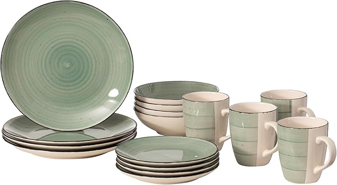 64-Pc Dinnerware Set for 16 Swirl Glazed Finish Includes Mugs Bowls Salad and Dinner Plates Chip Resistant Microwave Dishwasher and Oven Safe Green