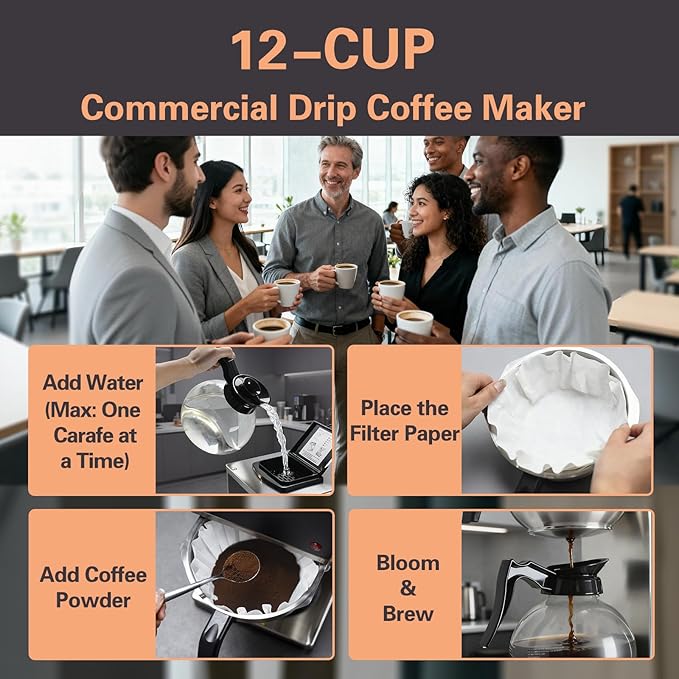 VONCI 1610W Commercial Coffee Maker 12 Cup Drip Coffee Machine 2 Glass Carafes and 2 Warmers Stainless Steel Housing &amp Funnel Industrial Coffee Maker for Offices Hotels Home