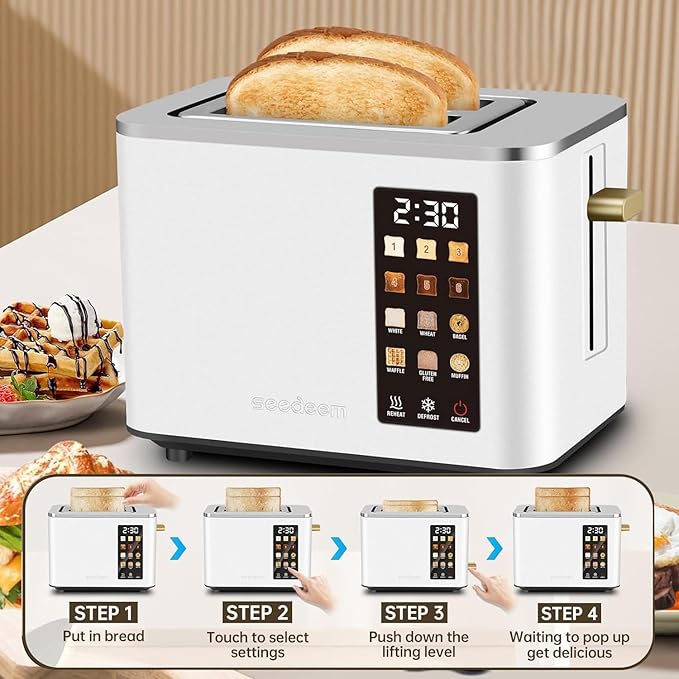 2-Slice Toaster with Touch Control 6 Shade Settings &amp 6 Bread Type 900W Removable Crumb Tray Countdown Display Smart Stainless Steel Design White