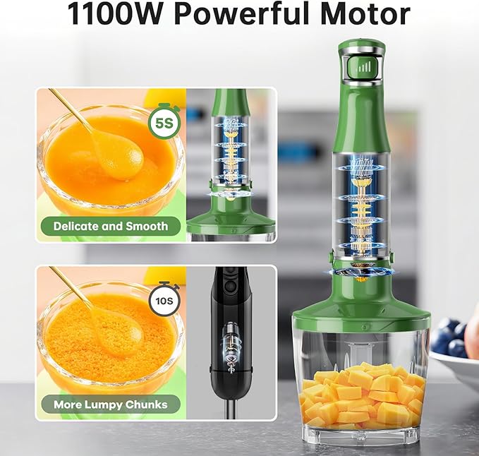 Immersion Blender Handheld Corded Hand Blenders Set 1100W Trigger Variable Speed 5 in 1 Stick Emulsifier with Chopper Whisk and Frother for Soup Baby Food and Smoothies Green