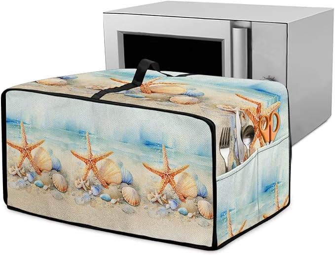 Toaster Oven Cover Heavy Duty Heat-resistant Protective Case Faux Linen Polyester Protector with Handle &amp Pockets for Home Kitchens Beach Starfish