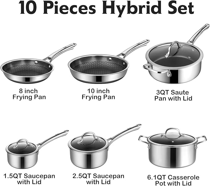 Pots and Pans Set Non Stick 10 Pcs Hybrid Stainless Steel Cookware Sets Non Stick Frying Pans Saucepans Saute Pan &amp Stock Pot PFOA Free Kitchen SkilletInduction Compatible