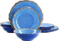 12 Piece Blue Melamine Dinnerware Set – Lightweight Chip Resistant Plates and Bowls with Scalloped Edge Design