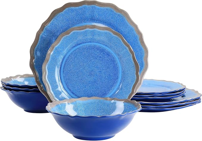 12 Piece Blue Melamine Dinnerware Set – Lightweight Chip Resistant Plates and Bowls with Scalloped Edge Design