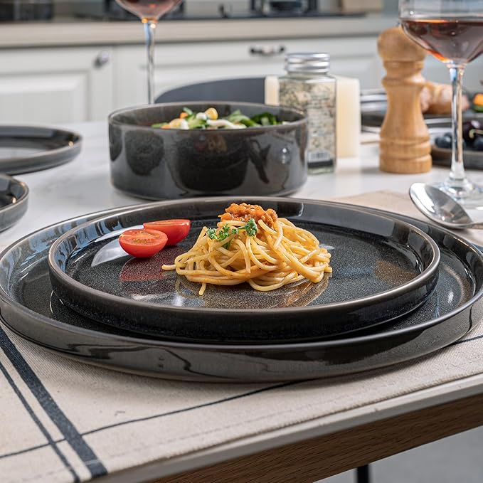 Stoneware Dinnerware Sets Plates and Bowls Set for 4 12-Piece Modern Stoneware Dinnerware – Chip Resistant Non-Toxic Dishwasher and Microwave Safe TablewareGlossy Black