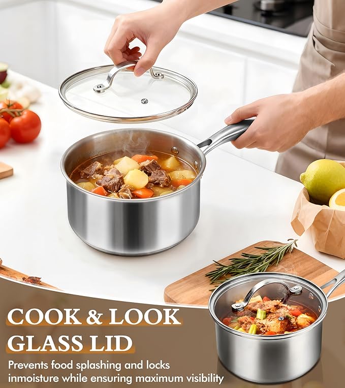 Stainless Steel Saucepan Set with Lids 1.5QT &amp 2.2QT Tri-Ply Stainless Steel Sauce Pot Set Induction Saucepans 4 Pcs Nonstick Saucepans Cookware Set Dishwasher Safe
