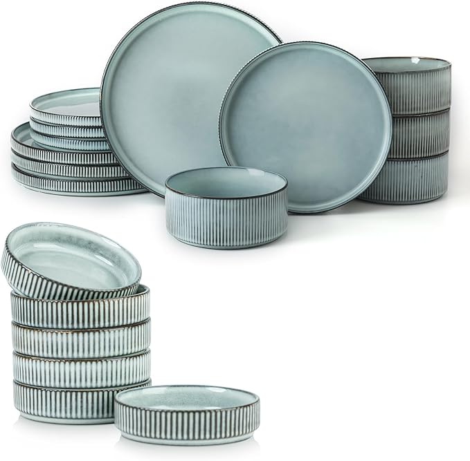 Famiware Dinnerware Set for 4 (12 Piece) and 4oz Dipping Bowl Set (6 Piece) - Star Stoneware Dishes - Smoky Blue