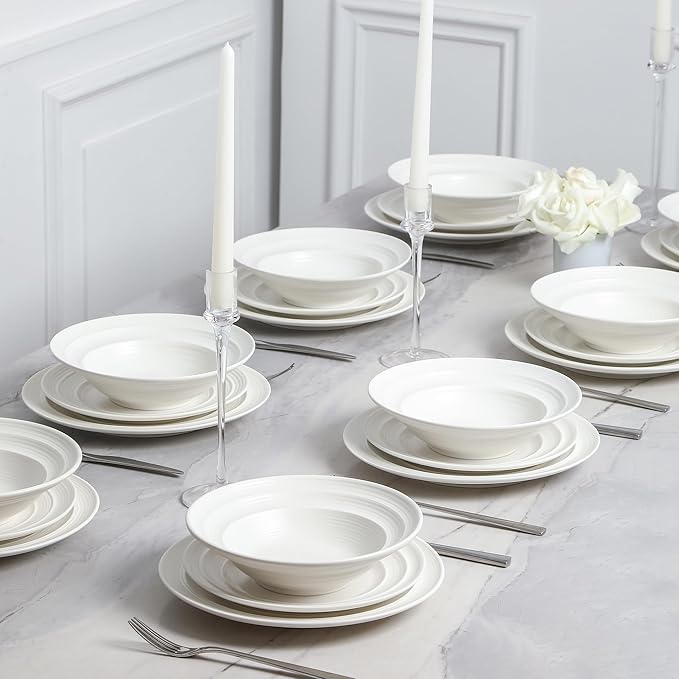 Earth &amp Clay Celeste 24-Piece Dinnerware Stoneware Plates and Bowls Set Includes Dinner and Salad Plates Cereal Bowls Dishwasher and Microwave Safe Dish Set for 8 Ivory White